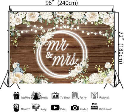 Mr and Mrs Wedding Backdrop Decorations 8x6Ft | White Rose Floral Wooden - Image 5