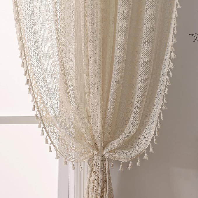 WAZZIO Boho Lace Curtains 105 Inch 2 Panel, Light Filtering Privacy Tassel & by WAZZIO