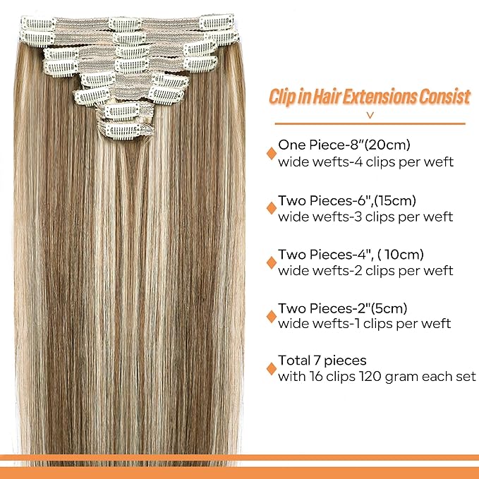 Straight Clip In Hair Extensions Real Human Hair 8Pcs Clip In Balayage Chestnut Brown Highlight Blonde Human Hair Extensions with 18Clips Lace Weft 120g 22inch