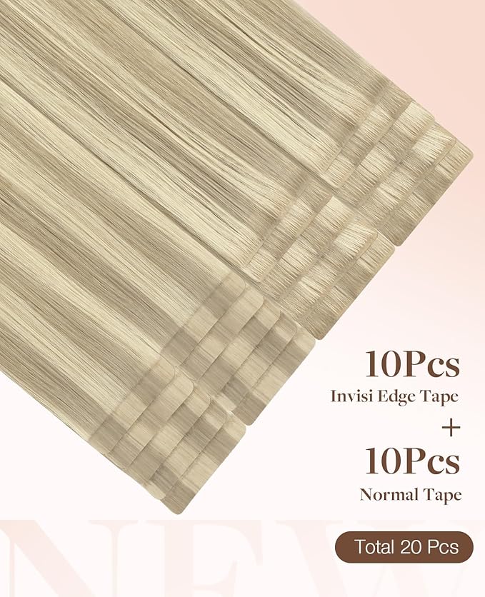 GOO GOO Invisi Edge Tape in Hair Extensions Human Hair, 17A/60A Ash Blonde Highlighted Platinum Blonde 10pcs injected with 10pcs classical tape ins, 14inch 50g, Virgin Remy Hair, Natural Look