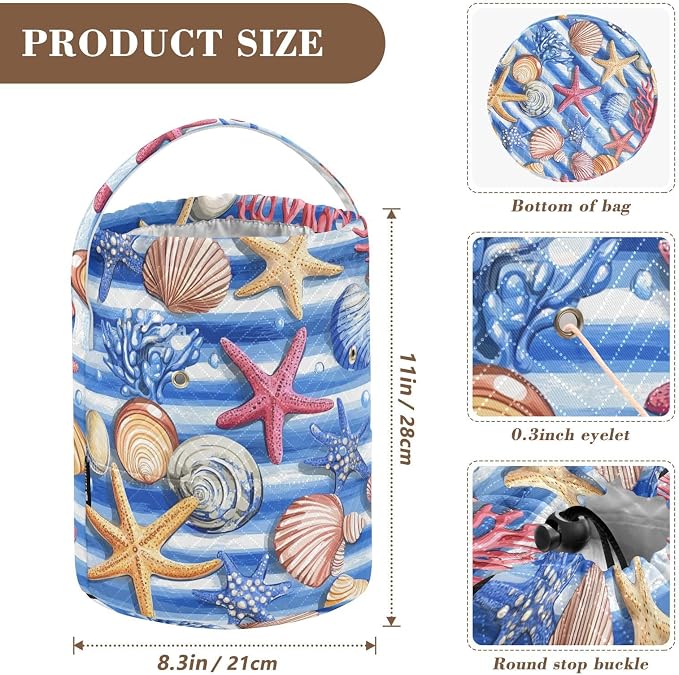 Blue Striped Starfishes Seashells Corals Yarn Bag Small Crochet Bag Drawstring - Image 3