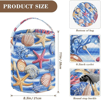 Blue Striped Starfishes Seashells Corals Yarn Bag Small Crochet Bag Drawstring - Image 3