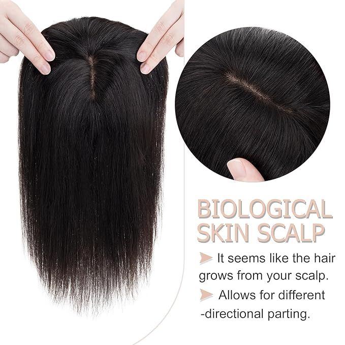 Hair Toppers for Women Real Human Hair With Bangs, 13 * 15 cm Larger Silk Base 150% Density Clip In Topper Hairpieces, Wiglet Top Pieces Add Volume -14 Inch 01B Natural Black