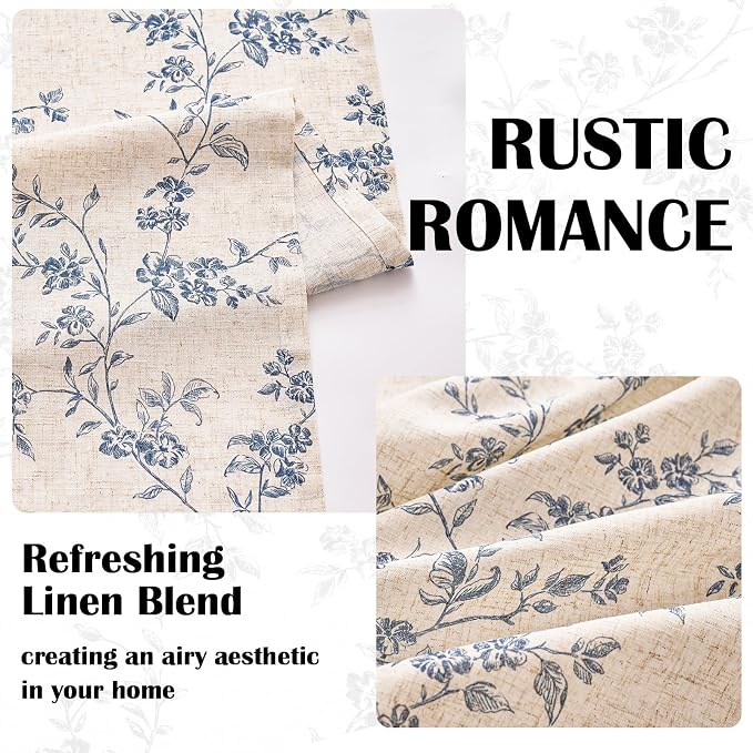 Blue Vintage Floral Linen Curtains Farmhouse 38W X 84L 2 Panels | Elisa Series - Image 4