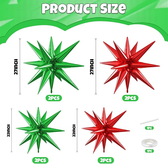 Red Green Star Balloons, 22/27 Inch Red and Green Star Foil Balloons, Cone - Image 2