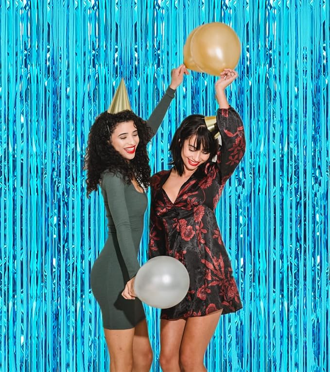 Light Blue Tinsel Foil Fringe Curtain, Photo Booth Backdrop | 2 Pcs 3.2ft x - Image 5