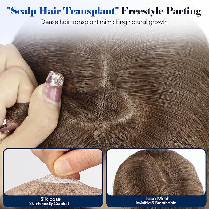 HAIRCUBE Hair Toppers For Women With Thinning 5"*5" Large Base Real Hair Toppers For Women, 14 Inch For Hand-Woven, 60g, Silk, Natural, realistic, Use Daily, Hairloss, Brown, No Bangs