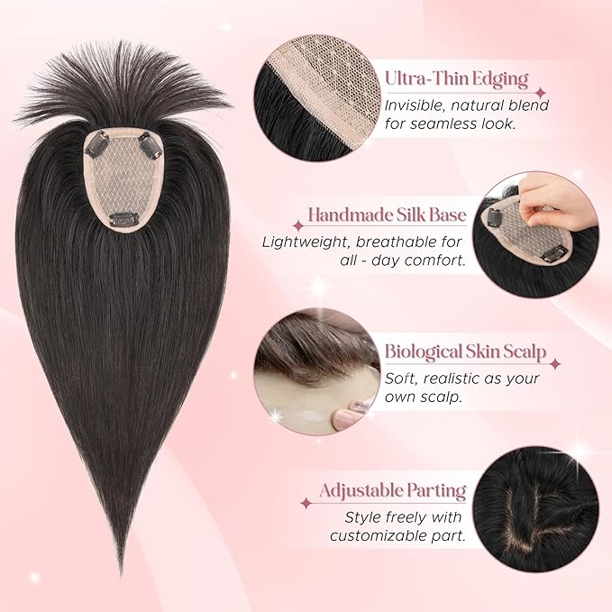 Real Human Hair Toppers for Women 3.54"*4.72" Silky Base 150% Density With Bangs Adjustable Parting Clip-In Topper Hairpieces for Women with Thinning Hair 16 Inches Natural Black