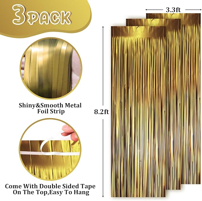 Voircoloria Dark Gold Foil Fringe Backdrop Curtains, 3 Pack | Tinsel Streamers - Image 2
