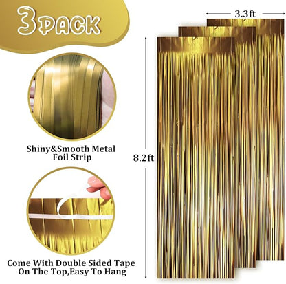 Voircoloria Dark Gold Foil Fringe Backdrop Curtains, 3 Pack | Tinsel Streamers - Image 2