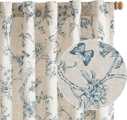 Blue Floral Linen Lined Curtains Rod Pocket 50W X 84L 2 Panels | Charlotte by Lazzzy