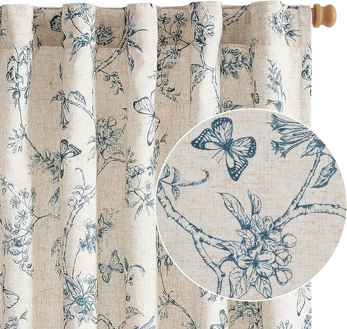 Blue Floral Linen Lined Curtains Rod Pocket 50W X 90L 2 Panels | Charlotte by Lazzzy