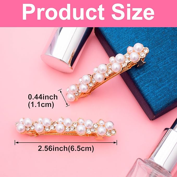 2 Pcs Pearl Rhinestone Hair Clips, Pearl-Embellished Barrette, Elegant Pearls Barrettes for Women, Party, Wedding, Daily Use, Graduation (Gold)