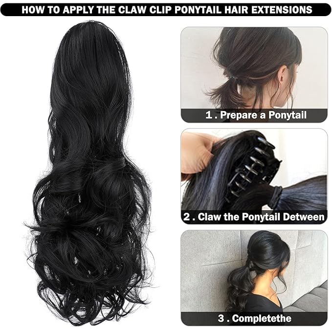 Claw Clip Ponytail Extension 18" Clip in Wavy Ponytail Hair Extensions Long Pony Tails for Women Extensions Natural Black Wave Hairpiece