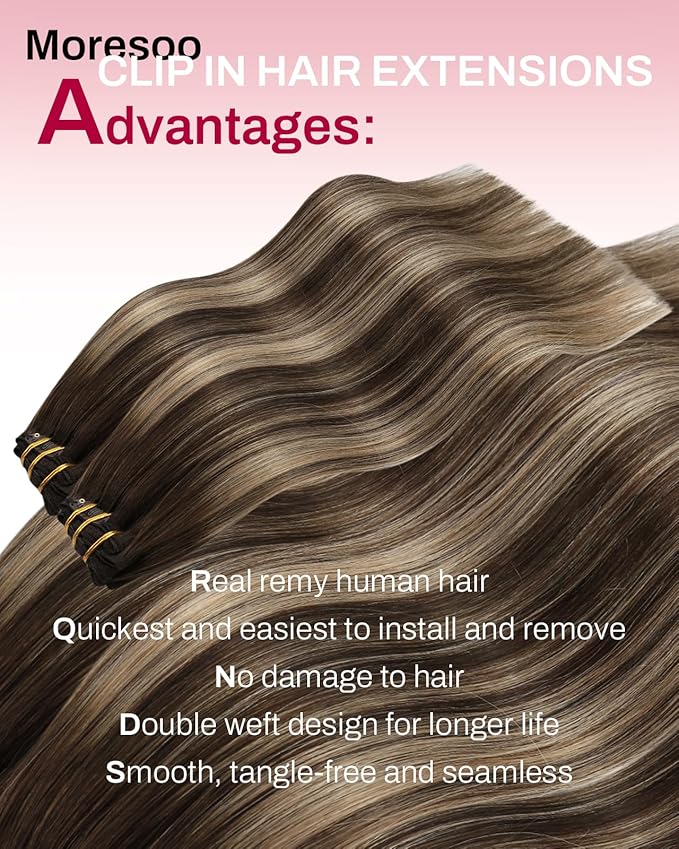 Moresoo Seamless Clip in Hair Extensions Real Human Hair Dark Brown to Caramel Blonde Ombre Human Hair Clip in Extensions Brown to Blonde Balayage Invisible 120g/7pcs 16 inch