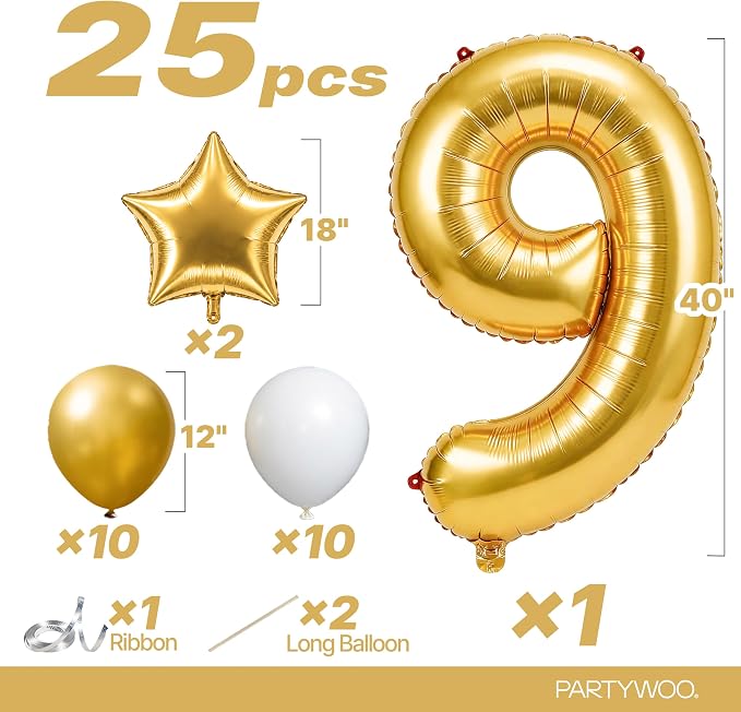 PartyWoo Number Balloons 40 Inch Gold Number 9 Kit 25pcs - Image 2