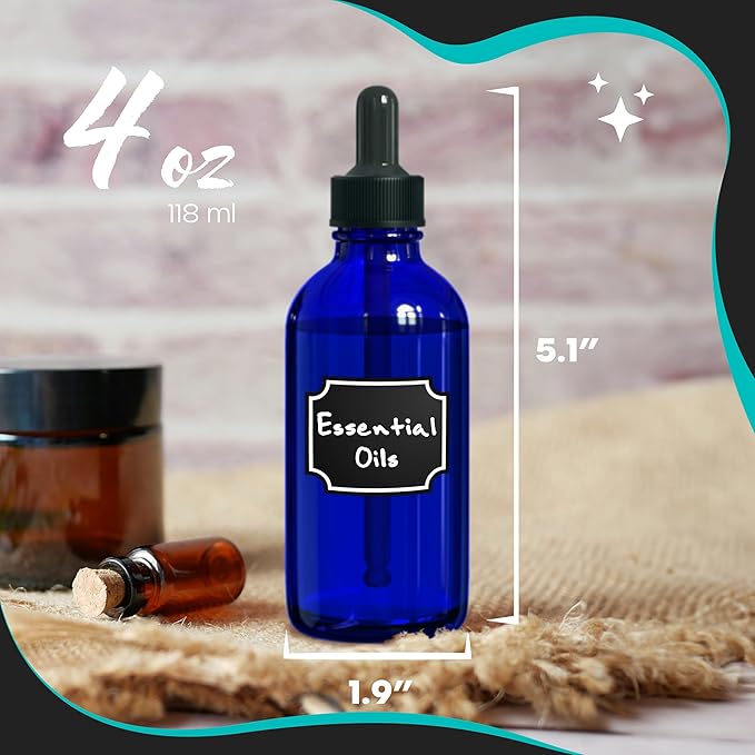 Nevlers Cobalt Blue Glass Bottle with Dropper 4 oz 24 Pack | Leakproof Glass Dropper Bottle Set w/Shrink Wrap, Funnel, Brush, Marker & Labels | Tincture Bottles with Droppers for Oils Serums Medicine