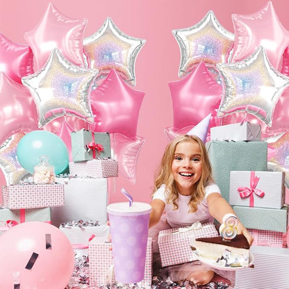 Pink and Silver Star Foil Balloons, 18 Inch Metallic Glitter Stars Balloons - Image 5