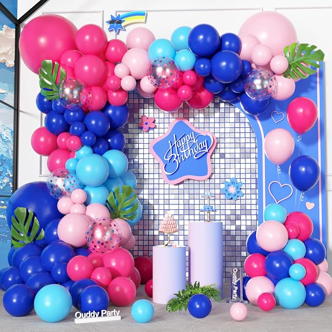 170Pcs Blue and Pink Balloons Summer Hawaii Tropical Arch Garland Kit | Royal by OuddyParty