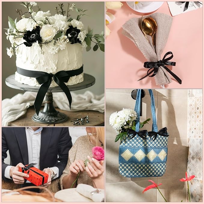 woric 120 Yards Black Satin Ribbon 3/8 Inch Thin Black Bows | Cake Bows Making - Image 6
