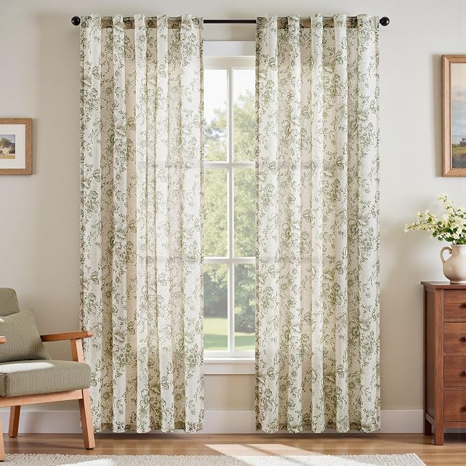 jinchan Green Floral Linen Curtains 84 Inch Vintage Back Tab 2 Panels | Light by JINCHAN