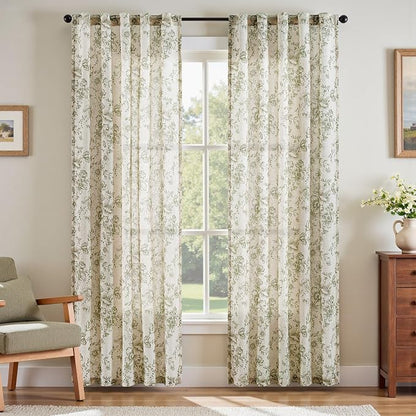 jinchan Green Floral Linen Curtains 84 Inch Vintage Back Tab 2 Panels | Light by JINCHAN