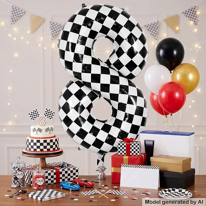 40" Checkered Number 8 Balloon for 8th Race Theme Birthday Party Supplies | 40 - Image 3