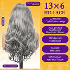 Grey Synthetic Lace Front Wig,13×6 Curly Glueless Wigs for Women Daily Use 22IN（#2/60HL）