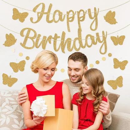 Pre-Strung Happy Birthday Banner, NO DIY Party Decorations | Glitter Gold - Image 7
