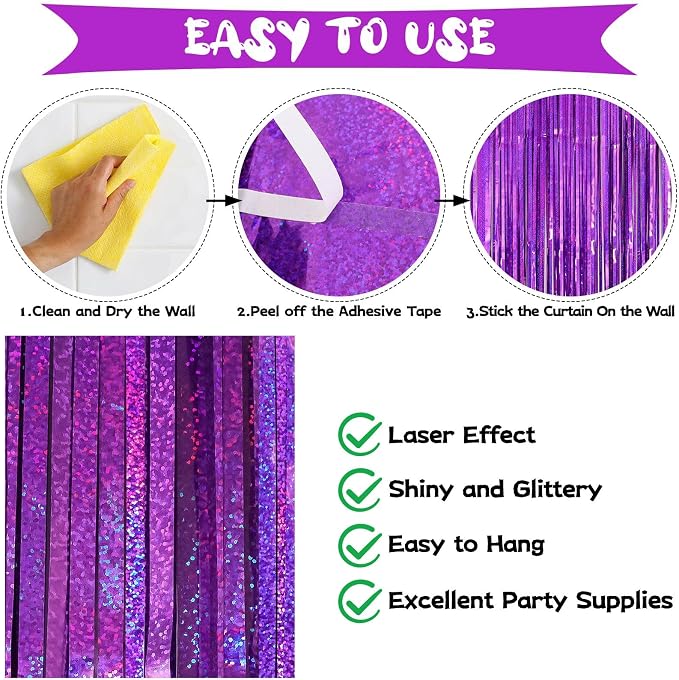 Purple Tinsel Foil Fringe Curtain Backdrop, 2 Pack Metallic Glitter Curtains - Image 4