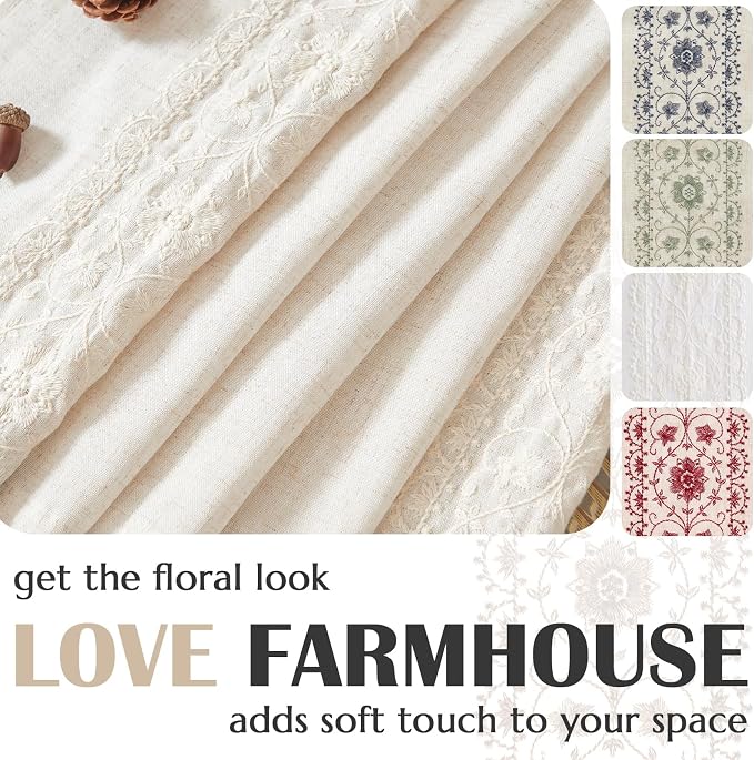 jinchan Floral Linen Curtains Embroidered Back Tab 50x63in 4 Panels Ivory | - Image 5