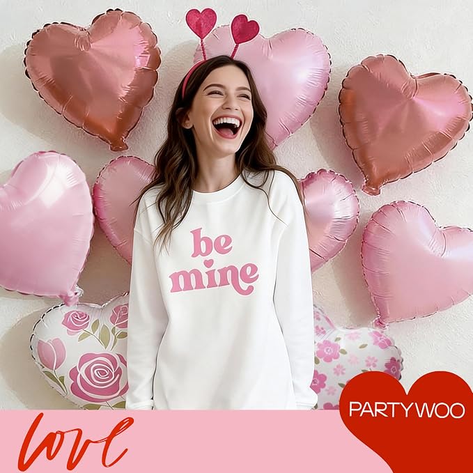 PartyWoo Pink White Rose White Gold Heart Foil Balloons 15pcs 18 Inch | Balloons - Image 5