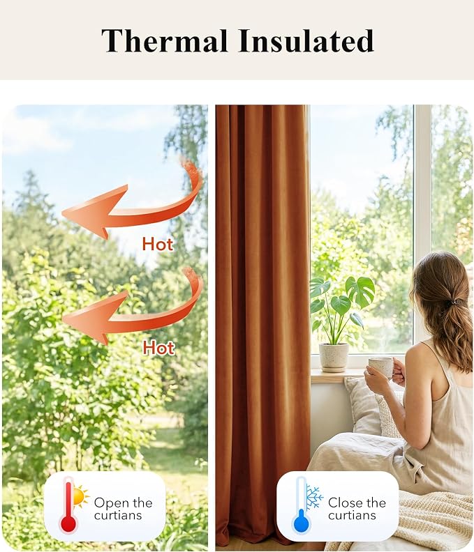 Burnt Orange Velvet Curtains Back Tab Boho Drapes, Window Back Tab Pinch Pleat - Image 6