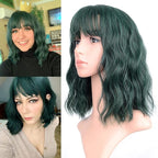 FAELBATY Short Green Wigs With Air Bangs Shoulder Length Bob Wig For Women Curly Wavy Synthetic Cosplay Wig for Girl (12" Dark Green)
