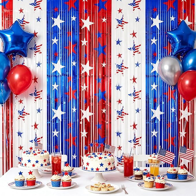 jijAcraft Red White Blue Star Tinsel Foil Fringe Curtain, 3 Pack 3.2x6.5 Feet - Image 6