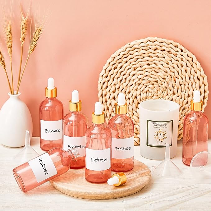 Tessco for you 20 Pack 3.4 oz Glass Dropper Bottles with Glass Eye Droppers for Essential Oils, Empty Oil Bottles with Funnel, Labels and Pipette for Hair Oils Perfume Cosmetic Travel(Pink)