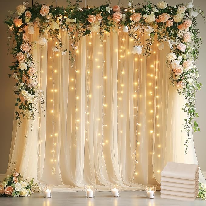 Tulle Backdrop Curtains with Lights Sheer Champagne Curtain Backdrop 30x8ft | by Fomcet