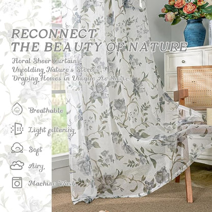 Floral Sheer Curtains for Bedroom Window 63 Inch Length 2 Panels, Farmhouse - Image 2