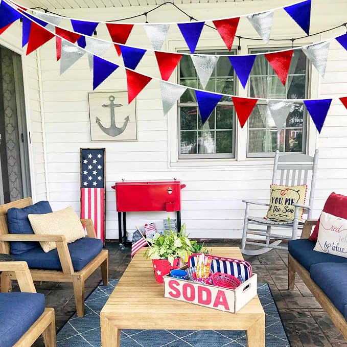 Red Blue Silver Party Decorations Metallic Fabric Triangle Pennant Banner Flag - Image 5