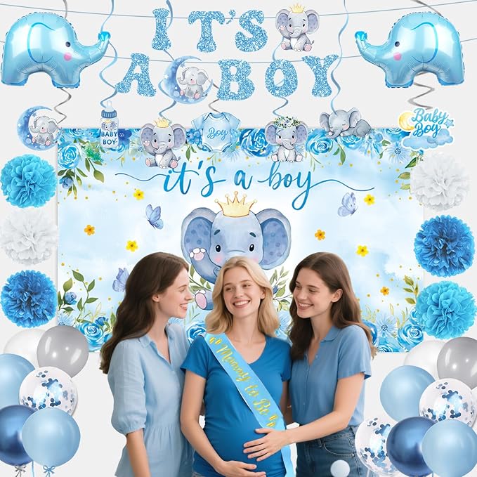 Elephant Baby Shower Decorations Banner, It's a Boy Backdrop, Foil & Latex - Image 4