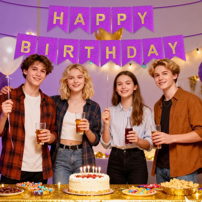 Purple Happy Birthday Banner - 16 ft Pre-Strung Gold Purple Birthday Party - Image 4