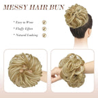 FESHFEN Messy Bun Hair Piece - Large Elastic Wavy Curly Hair Bun Scrunchies Ponytail Extensions Synthetic Chignon Hairpieces for Women, Light Ash Brown & Bleach Blonde 1.94oz