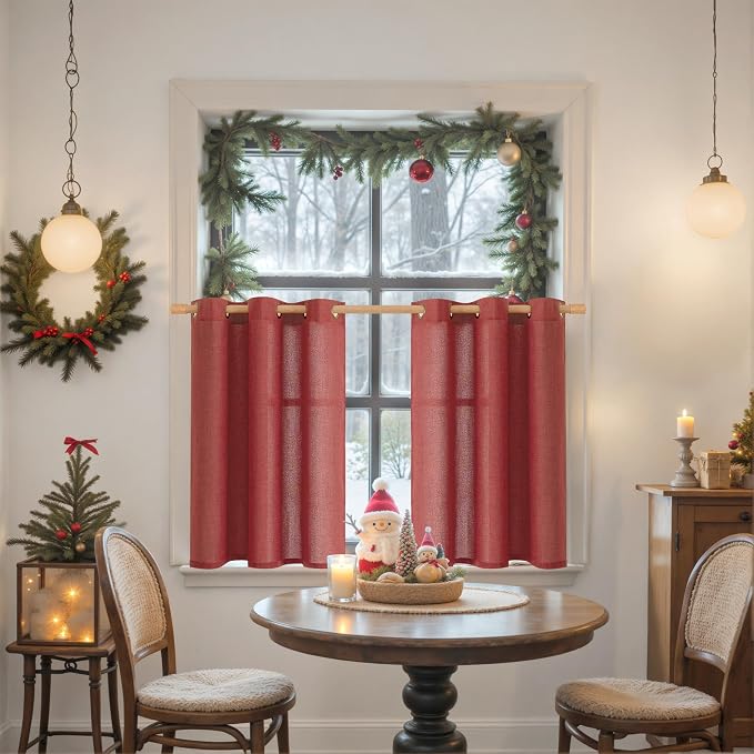 YoungsTex Burgundy Red Linen Curtains 40 Inch Length, Short Light Filtering - Image 2