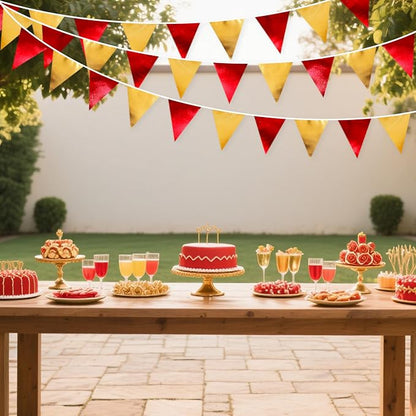 Red Gold Party Decorations Metallic Fabric Triangle Pennant Banner Flag Bunting - Image 4