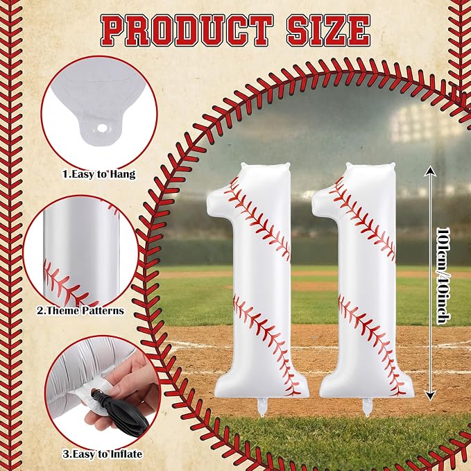 Jenaai Number 11 Baseball Balloons White Red and Blue Baseball Glove Balloons - Image 3