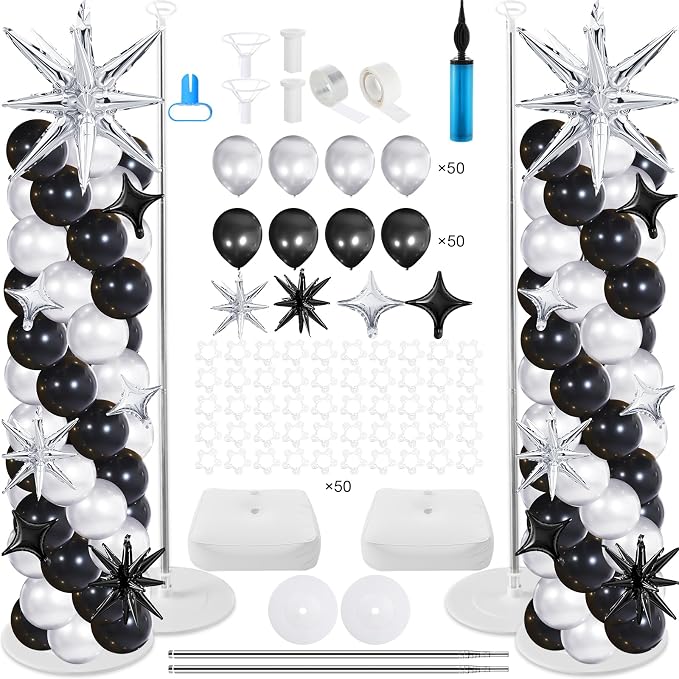 Soulchen 110 Pcs Black Silver Explosion Balloons Column Stand Kit Adjustable by Soulchen