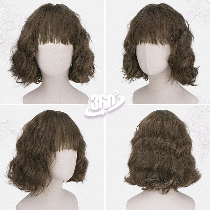 BARSDAR Short Wavy Light Brown Wig with Bangs - Short Light Brown Bob Wigs for Women - Curly Wavy Textured French Bob Wig with Bangs Soft Synthetic Natural Looking Face-Framing Daily