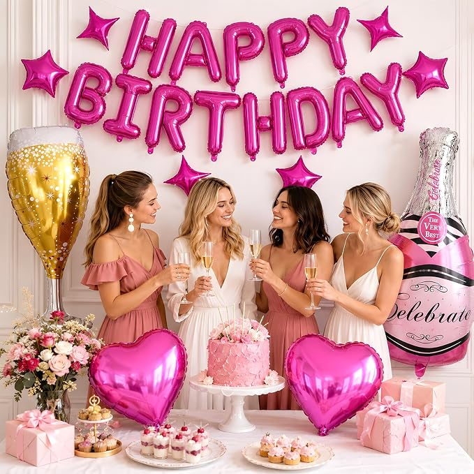 Hot Pink Happy Birthday Balloons Banner, Star Heart Balloons, Champagne Bottle - Image 5