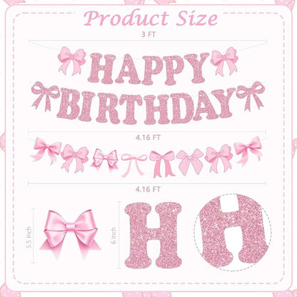 Glitter Pink Bow Happy Birthday Banner Pre-Strung Coquette Birthday Decorations - Image 2