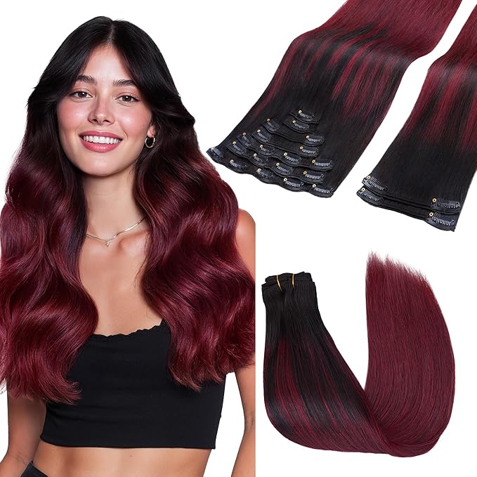 GOO GOO Clip in Hair Extensions Real Human Hair, Remy Human Hair Extensions Clip ins for Women, Natural Human Hair, 22inch 150g 9 Pcs, #1/99j Balayage Jet Black to Red